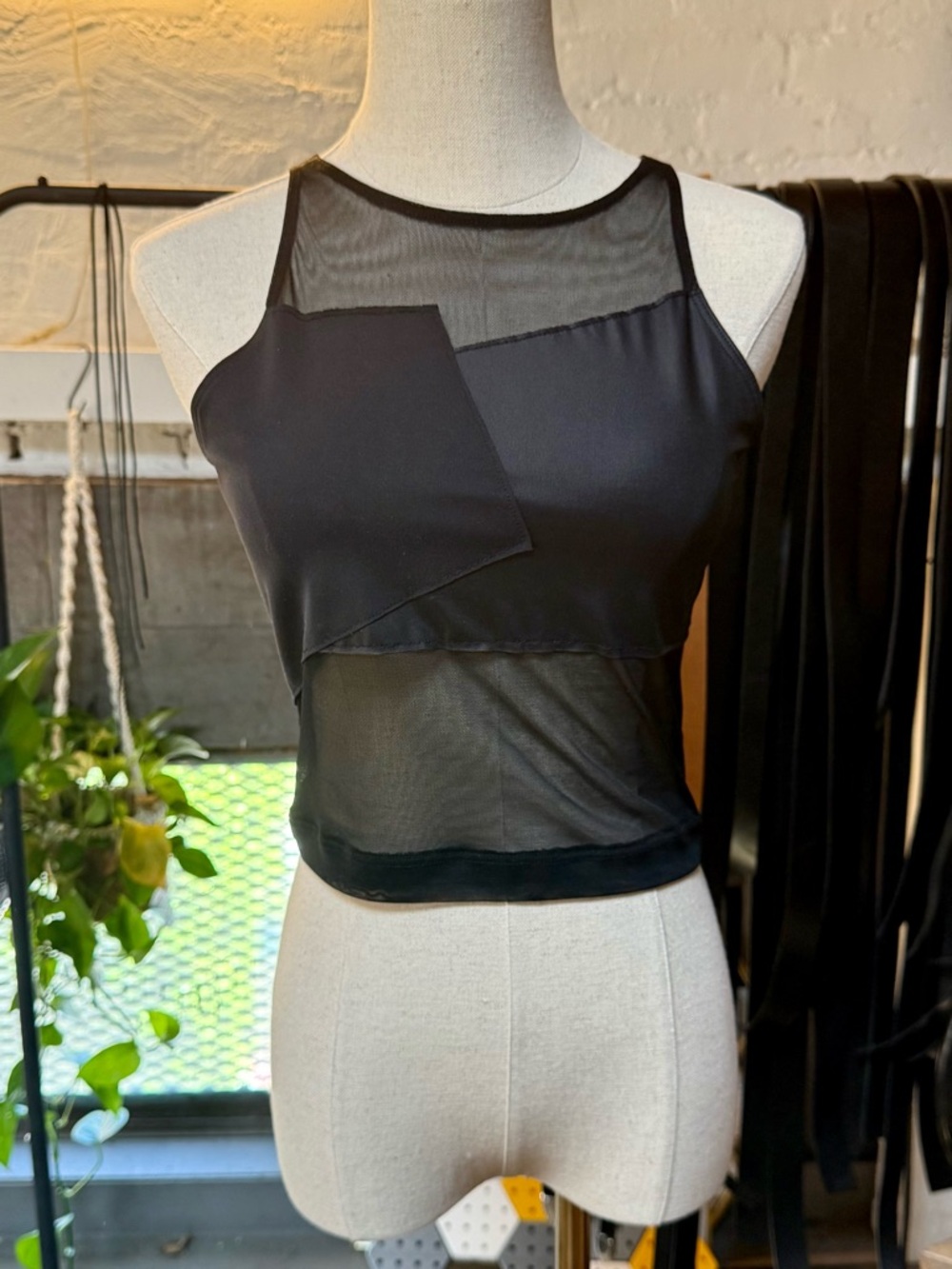 Black Mesh Patchwork Crop Top